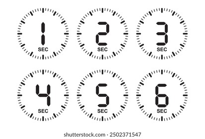 From 1 SEC to 6 SEC on stopwatch vector icons set in flat style.