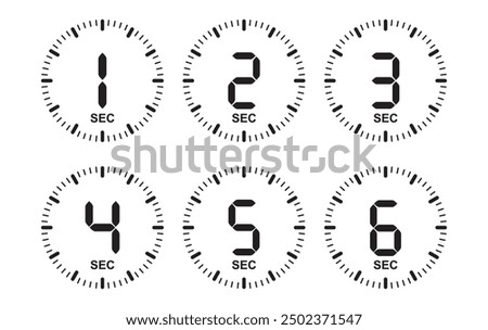 From 1 SEC to 6 SEC on stopwatch vector icons set in flat style.