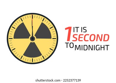 It is 1 second to the midnight banner with watch and radiation sign. Doomsday alarm poster. Doomsday clock. Symbol of global catastrophe, apocalypse sign. Flat vector illustration.