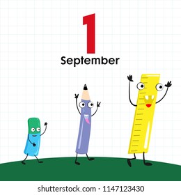 1 September. Back to school. Character design. Poster, card, banner. Pencil and ruler