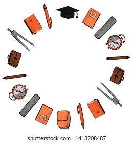 1 September and Back to school. Round frame of school supplies on a white background. Literacy day. Vector.