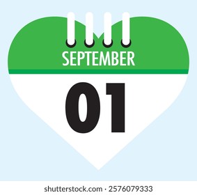 1 September calendar icon green heart shape on light sky blue color background, calendar vector symbol for the month of September.