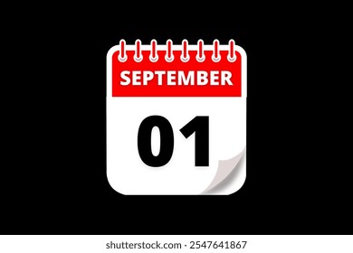 Diseño web mensual de la página de texto del ícono del calendario del 1 de septiembre en el Vector, el ícono o la ilustración del fondo rojo, blanco y negro con el mes del 1 de septiembre