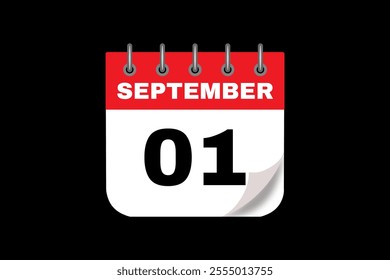1 September calendar icon text page monthly web design on red, white and black background vector, icon, or illustration with the month of September 1