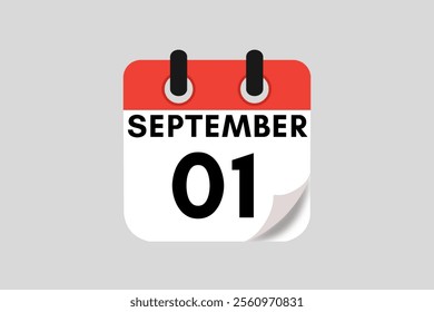 1 September calendar icon text page monthly web design on red, white, black and ash background vector, icon, or illustration with the month of September 1