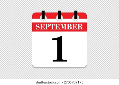 1 September Calendar icon vector, 1 dates of September month calendar icon, dates of September 1 icon calendar, vector calendar icon.