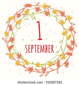 1 september date illustration.  Design Elements. wreath of plants.