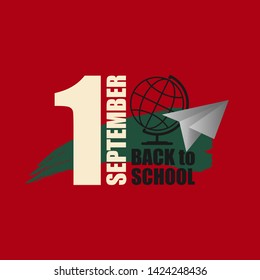 1 september education holiday vector greeting card. Welcome back to school icon, logo, sign abstract design. Vector banner with school globe and gradient paper plane on red background.