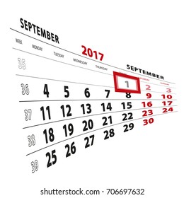 1 September highlighted on calendar 2017. Week starts from Monday. Vector Illustration.