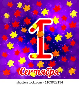 1 September. Knowledge Day in Russia. Concept of a holiday. Text in Russian - September 1. Maple leaves, Space background. Bright design for posters and banners