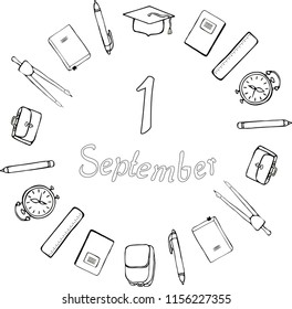 1 September. Logo. Black and white. School supplies, square academic cap, alarm clocks, briefcases and satchels around the inscription. Vector.