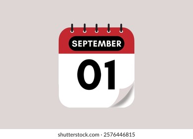 1 September month single day vector, illustration, calendar with rose red, black and off-white color background calendar September 1