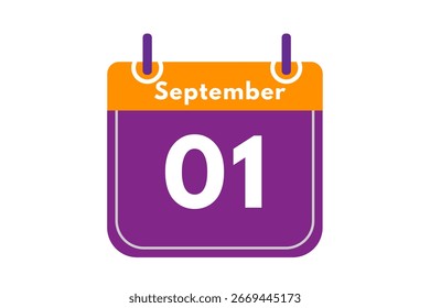 1 mês de setembro vetor dia único, ilustração, calendário com laranja, roxo, cinzas e branco ícone de calendário de fundo de 1 de setembro