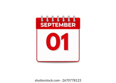 Vector de un solo día del mes de septiembre, ilustración, calendario con el icono del calendario del fondo del color blanco y negro del 1 de septiembre