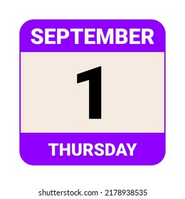 1 de septiembre, jueves. Plantilla de fecha. Diseño útil para la promoción de calendarios o eventos. Archivo EPS 10 de la ilustración del vector