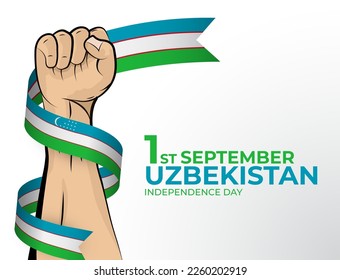 1 de septiembre. Imagen vectorial de la tarjeta de felicitación Happy Independence Uzbekistan para el país de Uzbekistán con puños apretados y una cinta de bandera. Usar para banners en fondo blanco.