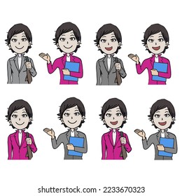 1 Set of business woman character. female office worker in black suit and pink suit standing with papers, rushing running with briefcase or work bag, white background. Flat vector illustration.