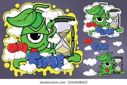 1 set of cute plant monster and hourglass vector popart t-shirt and sticker design, eps 10, editable. 