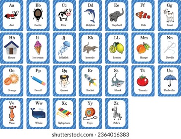 1 set of flash cards from a to z consisting of objects, animals and fruit