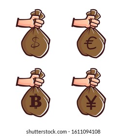 1 set of illustration hands holding or handing over a money bag with several currencies. vector illustration