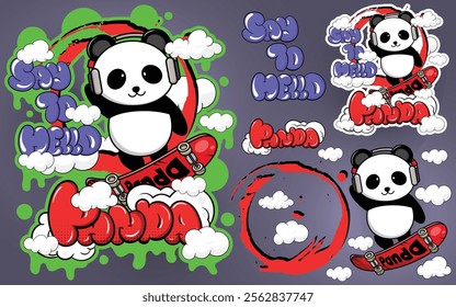 1 set of vector cute panda doll popart t-shirt and sticker design, eps 10, editable. 