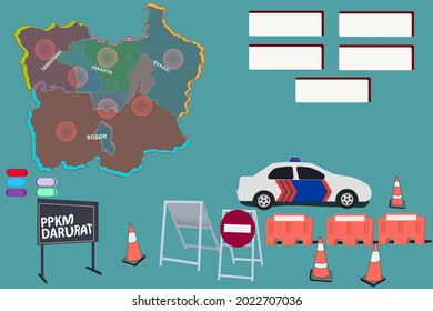 1 Set Vector illustration of EMERGENCY PPKM text during the covid-19 pandemic.Indonesian police car,traffic cone, map of the area in JABODETABEK, Indonesia.