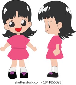 1 set of Vector illustration of a happy little girl, wearing a pink dress and Black shoes with white socks,  side and front view on a white background, isolated 