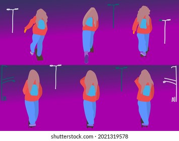 1 set of vector illustrations of women playing surfboards. red jacket. flat design. and a gradient purple background.