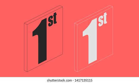 1 st. First place white and black isometric icon. Transparent outline flat card on a solo one red color. Number one vector illustration