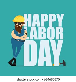 1 st. may. Worker in yellow construction helmet and inscription Happy labor day.  Greeting card 2018