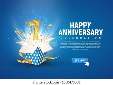 1 St Year Anniversary Banner With Open Burst Gift Box. Template First Birthday Celebration And Abstract Text On Blue Background Vector Illustration