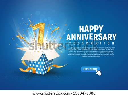1 st year anniversary banner with open burst gift box. Template first birthday celebration and abstract text on blue background vector illustration
