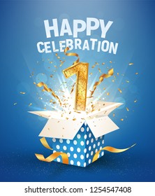 1 st years anniversary and open gift box with explosions confetti. Template first birthday celebration on blue background vector Illustration