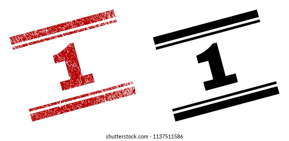 1 stamp seal print with red grunge and clean black version. Red vector rubber print of 1 text with grunge effect. Captions are placed between double parallel lines.