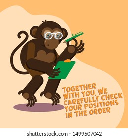 1 Stap. Illustration on the stages of the order, the customer conducting the order, the monkey tells the steps of the order
