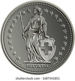 1 Swiss franc and 50 centimes coin minted obverse with Helvetia shown standing, the official coin used in Switzerland and Liechtenstein