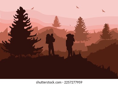 1 team hiker, backpacker, tourists standing in mountain landscape with forest under sunset sky, with clouds and flying birds, tree