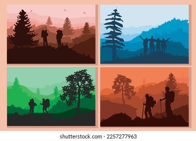 1 team hiker, backpacker, tourists standing in mountain landscape with forest under sunset sky, with clouds and flying birds, tree