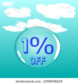 1% burbuja de jabón transparente en cielo azul para descuento y promoción, colores azul y blanco