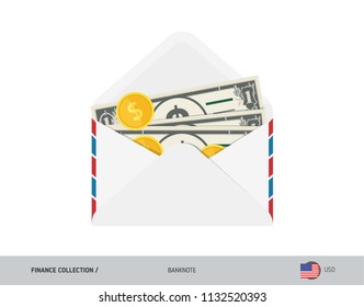 1 US Dollar Banknote. Flat style opened envelope with cash. Dollar banknotes and coins. Salary payout or corruption concept.