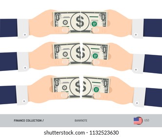 1 US Dollar Banknote. Hands tearing banknote set. Flat style vector illustration. Business finance concept.