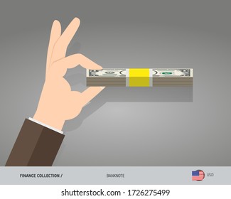 1 US Dollar banknotes. A bundle of money in hand. Flat style vector illustration.