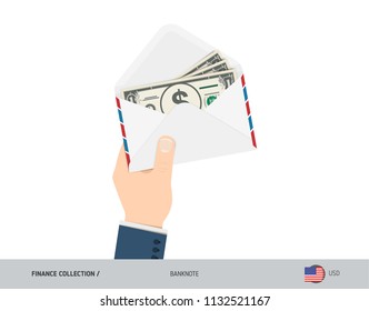 1 US Dollar Banknotes in envelope hold in hand. Flat style opened white envelope with cash. Salary payout or corruption concept.