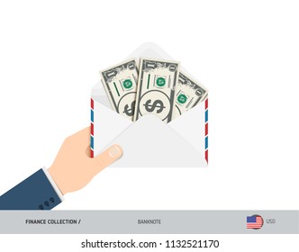 1 US Dollar Banknotes in envelope hold in hand. Flat style opened white envelope with cash. Salary payout or corruption concept.