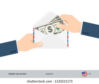 1 US Dollar Banknotes in envelope hold in hand. Flat style opened white envelope with cash. Salary payout or corruption concept.