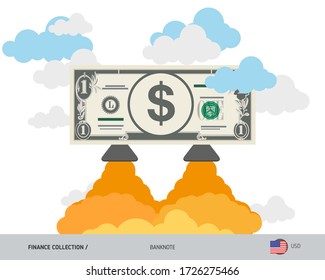 1 Dólar estadounidense subiendo como cohete. Ilustración vectorial de estilo plano.