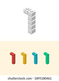 1 vector number with colourful plastic toy brick, isolated isometric 3d childish block font. Perfect for kids labels, birthday and kindergarten posters, school style, children magazines etc.