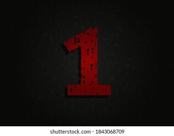 1 vector red number made of grunge texture. Insane Fear brutal font. Wicked night theme style design.  For logo, brand label, poster, design elements etc.   