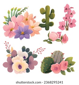 1 conjunto vectorial de varias flores de color acuático con colores brillantes