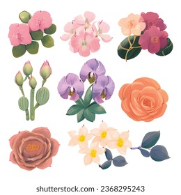 1 vector set of various watercolor style flowers with bright colors